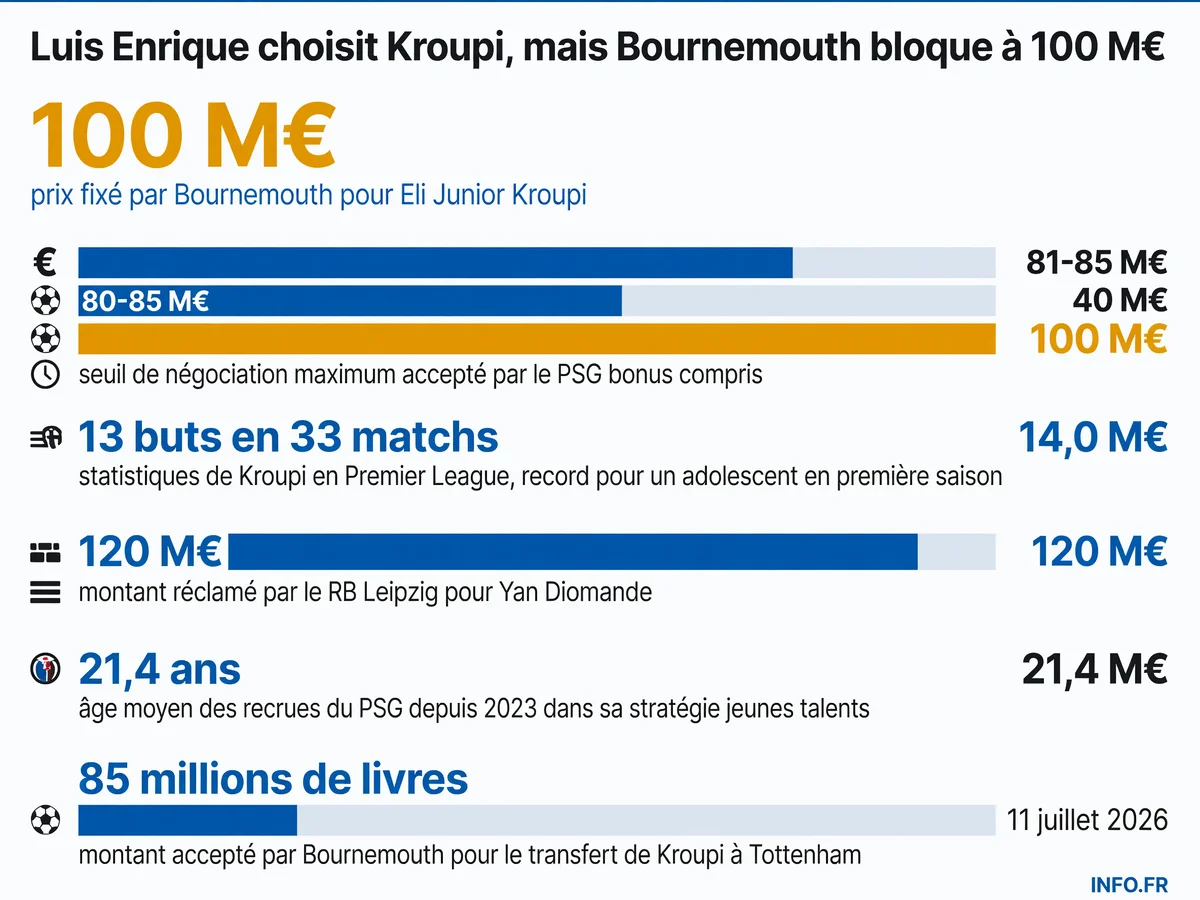 Comparaison des valorisations et statistiques entre Eli Junior Kroupi et Yan Diomande, cibles mercato du PSG été 2026