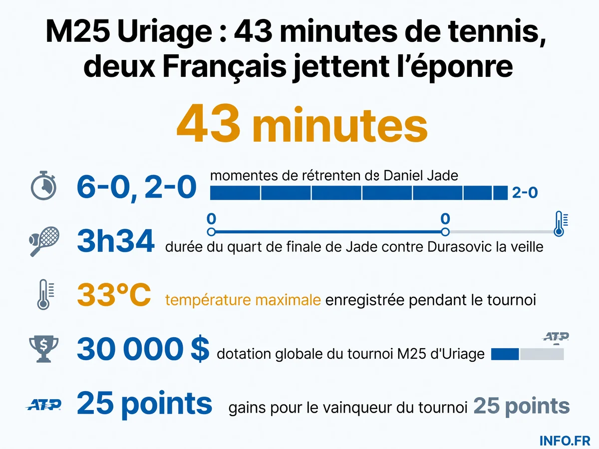 Statistiques des demi-finales écourtées du M25 d'Uriage le 18 juillet 2026: abandons et forfaits des Français Jade et Blancaneaux