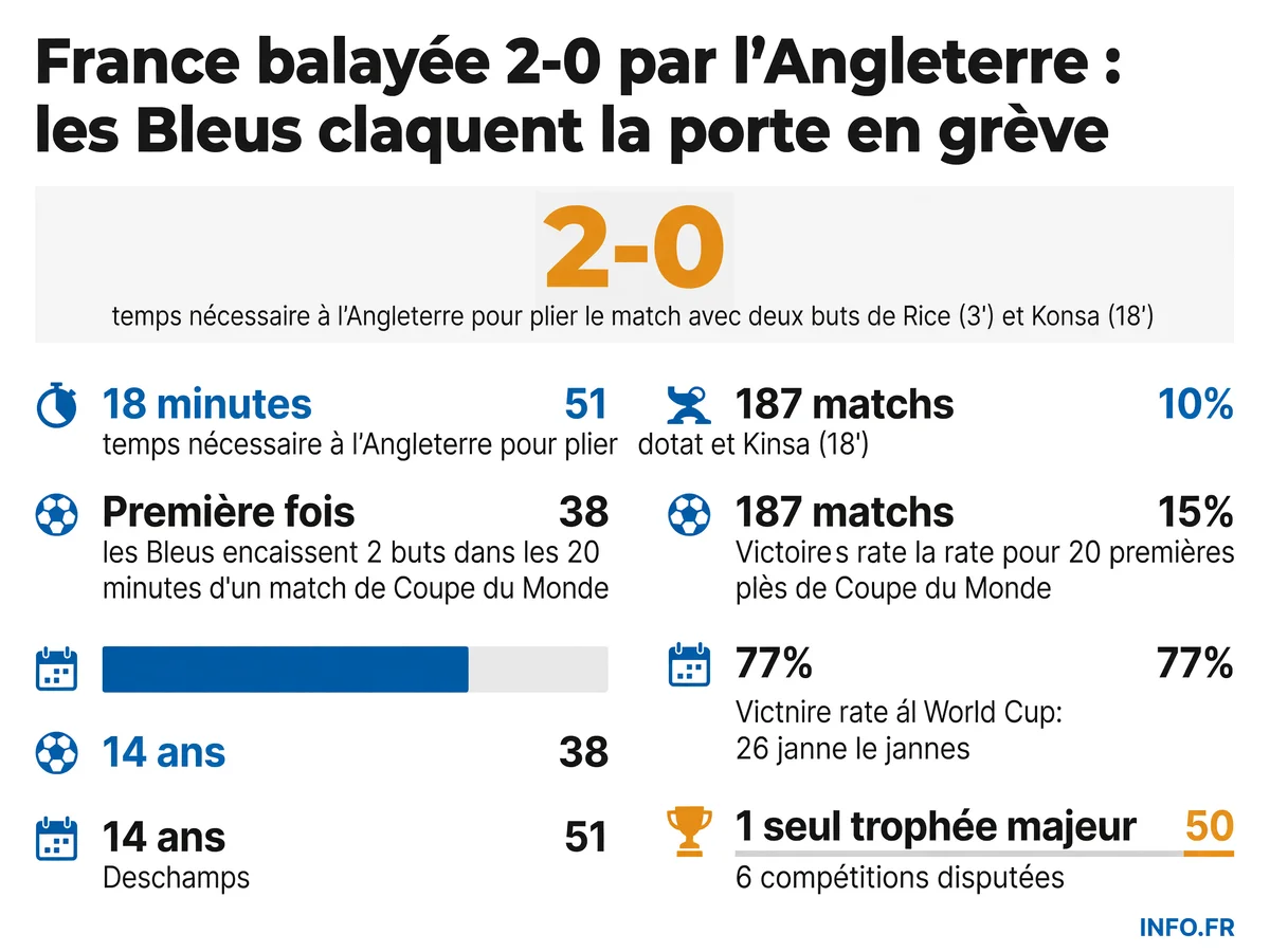 Infographie présentant les chiffres clés de la défaite 2-0 de la France face à l'Angleterre lors du match pour la 3e place de la Coupe du Monde 2026, incluant le bilan de Didier Deschamps.