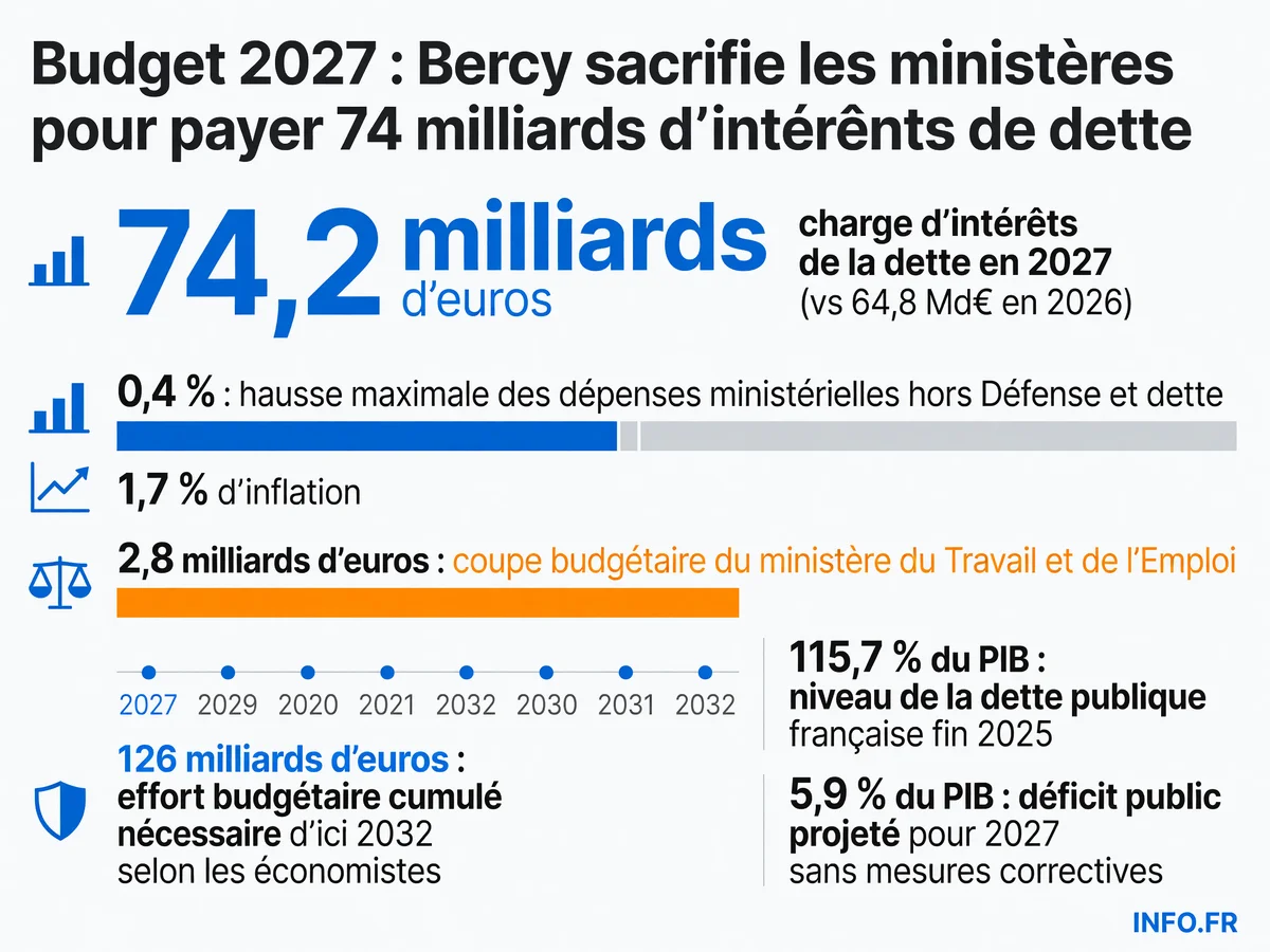 Infographie présentant les chiffres clés du budget 2027: explosion de la charge de la dette à 74,2 Md€, hausse limitée des ministères à 0,4 %, et coupe de 2,8 Md€ au ministère du Travail.