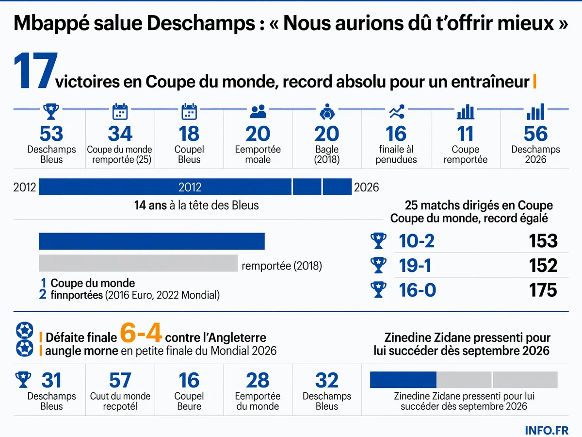 Bilan du mandat de Didier Deschamps comme sélectionneur de l'équipe de France de football de 2012 à 2026, incluant ses titres, records et dernière défaite