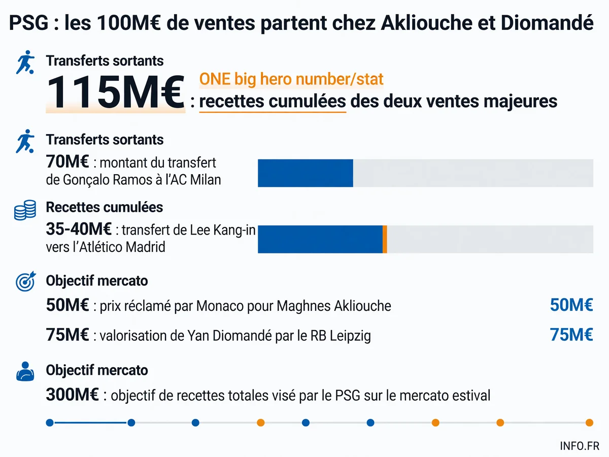Infographie présentant les montants des ventes du PSG (Ramos 70M€, Lee 35-40M€) et les prix des cibles prioritaires (Akliouche 50M€, Diomandé 75M€) pour le mercato estival 2026.