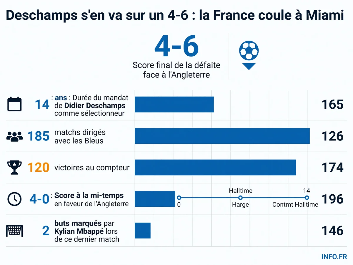 Bilan chiffré du mandat de Didier Deschamps à la tête de l'équipe de France (2012-2026) et score du dernier match contre l'Angleterre