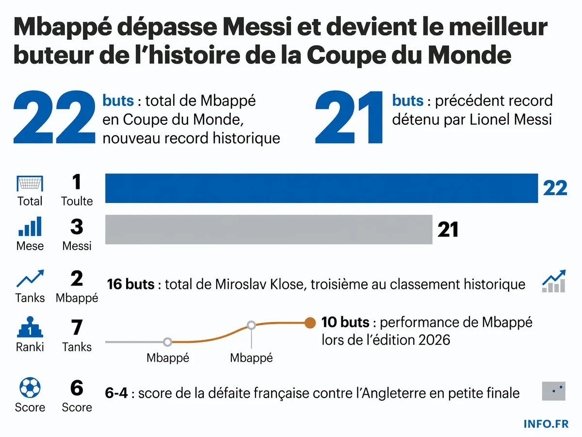 Classement des meilleurs buteurs de l'histoire de la Coupe du Monde après le record de Kylian Mbappé établi le 18 juillet 2026