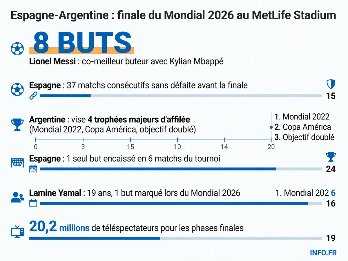 Données clés de la finale Espagne-Argentine: parcours, statistiques de Messi et Yamal, audiences télévisées du Mondial 2026