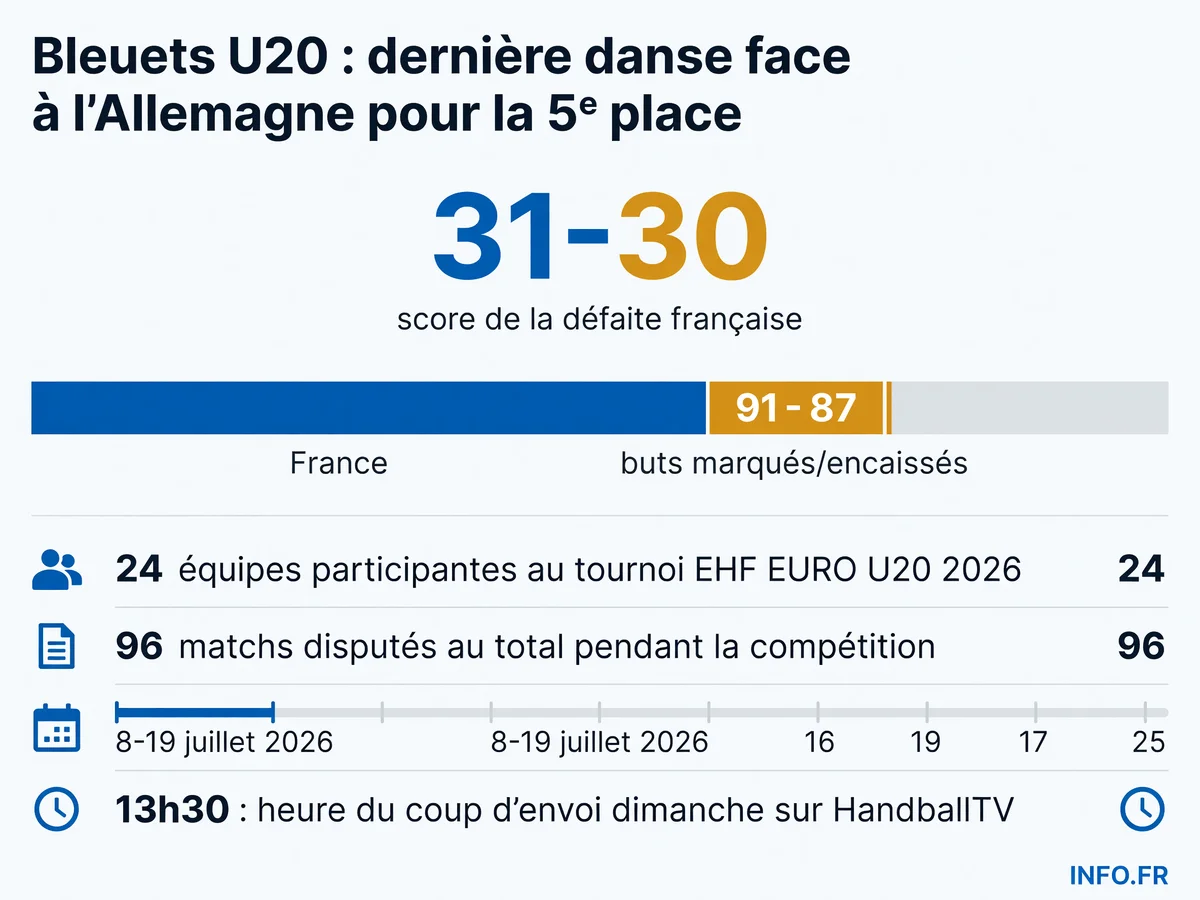 Données clés du match France-Allemagne U20 pour la 5e place de l'EHF EURO 2026 à Cluj-Napoca
