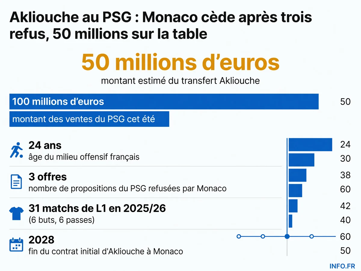 Les chiffres clés du transfert de Maghnes Akliouche de Monaco au PSG, estimé à 50 millions d'euros après trois refus monégasques.