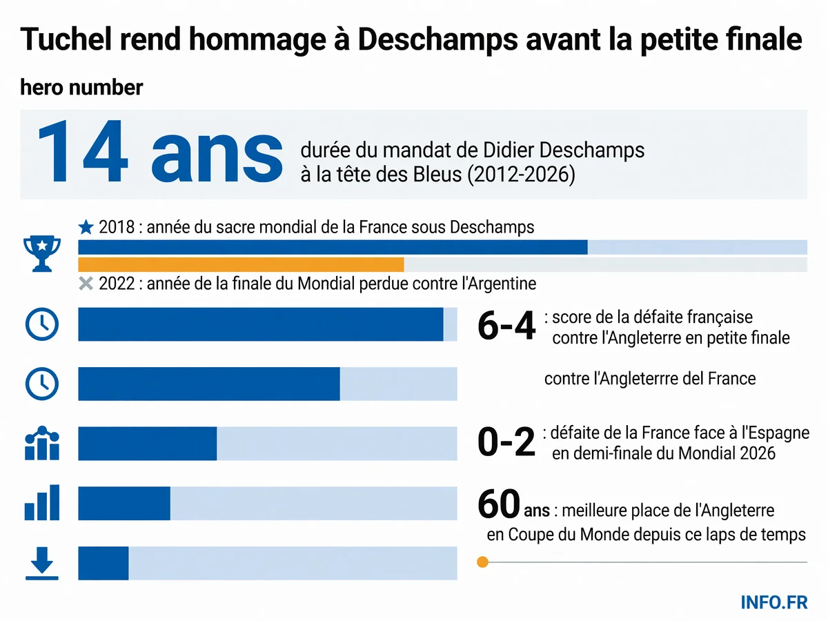 Bilan du mandat de Didier Deschamps à la tête de l'équipe de France de football de 2012 à 2026, avec les principaux résultats obtenus en compétition internationale.