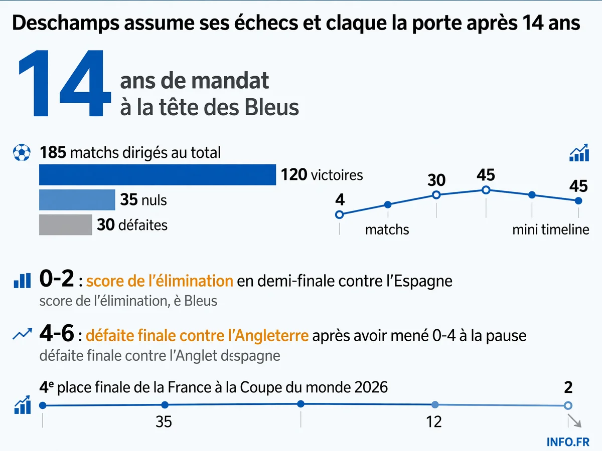 Bilan du mandat de Didier Deschamps à la tête de l'équipe de France: 14 ans, 185 matchs, élimination en demi-finale de Coupe du monde 2026.