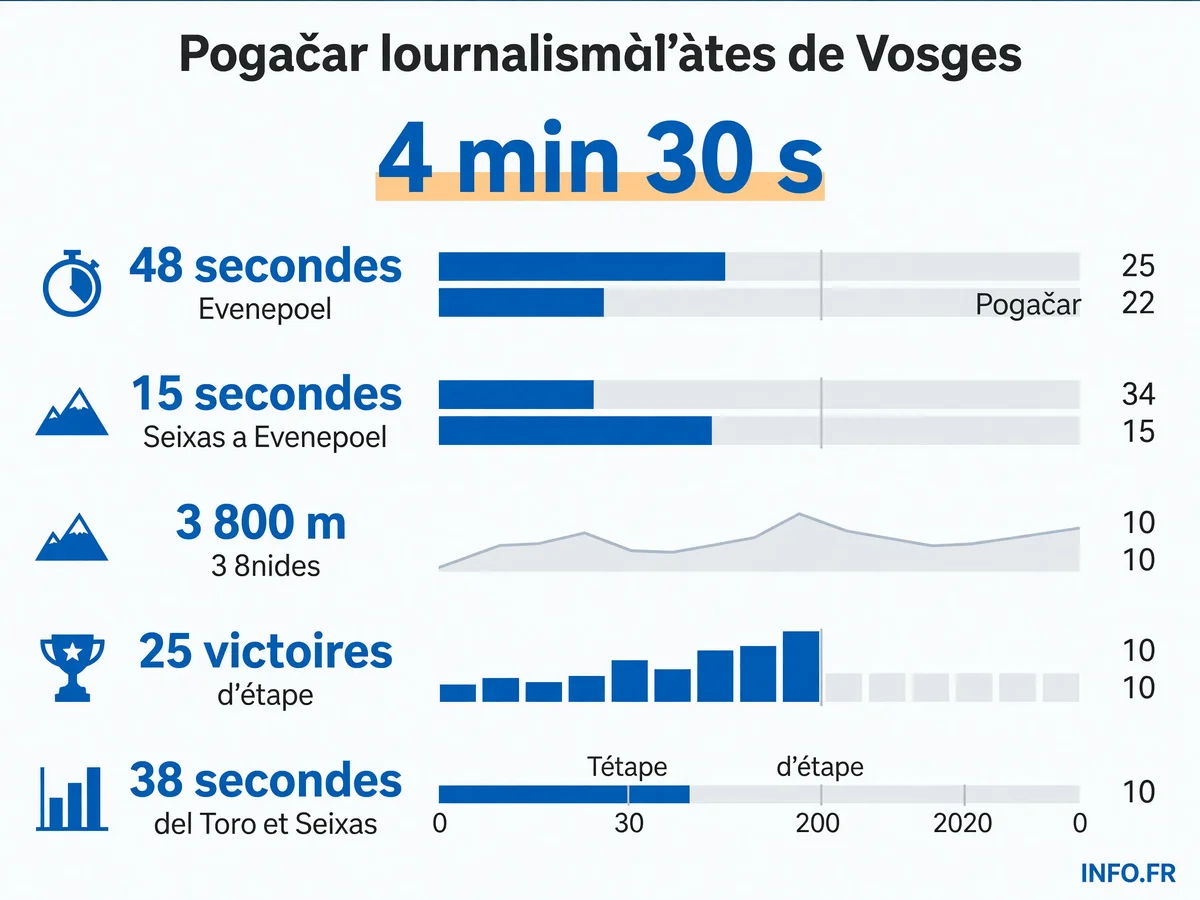 Infographie du classement général du Tour de France 2026 après l'étape 14 avec les écarts entre Pogačar, Vingegaard, Evenepoel et Seixas