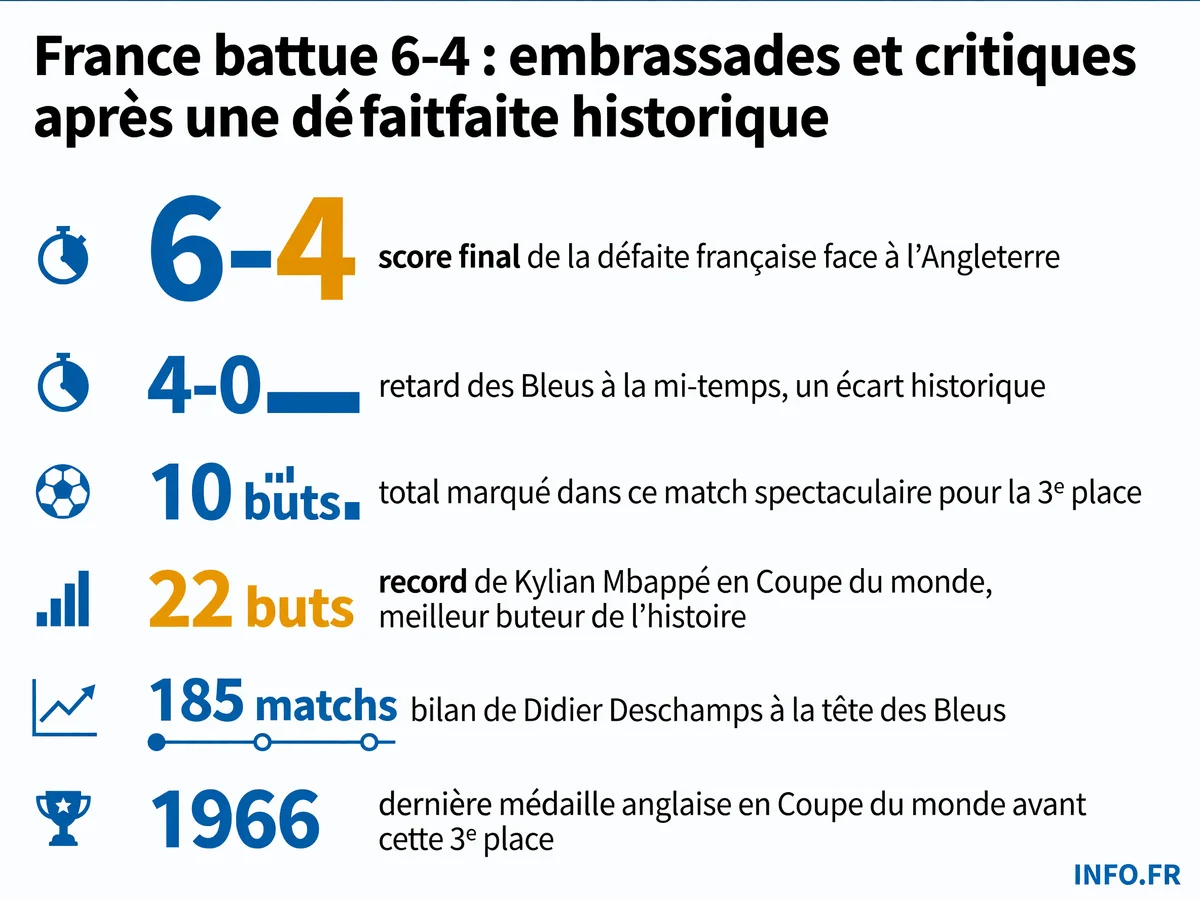 Statistiques du match France-Angleterre 6-4 pour la 3e place de la Coupe du Monde 2026