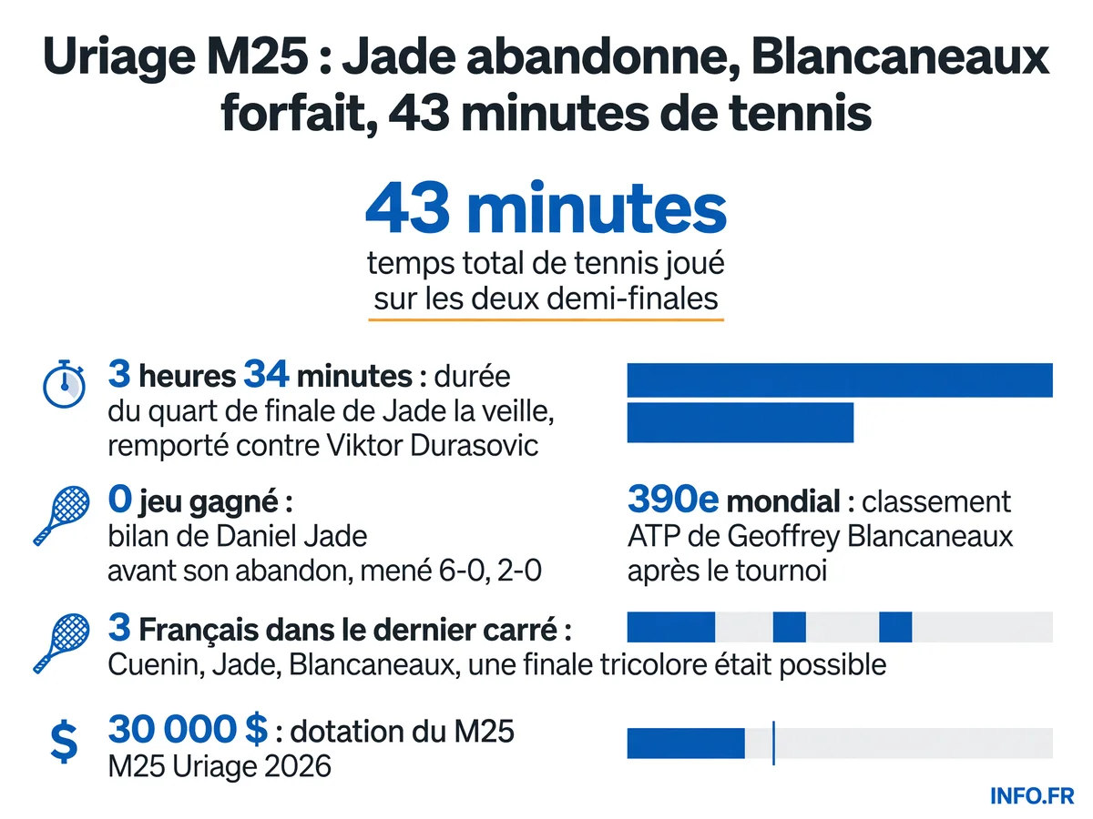 Les chiffres de la journée noire du tennis français au M25 Uriage: 43 minutes de tennis sur deux demi-finales marquées par l'abandon de Daniel Jade et le forfait de Geoffrey Blancaneaux