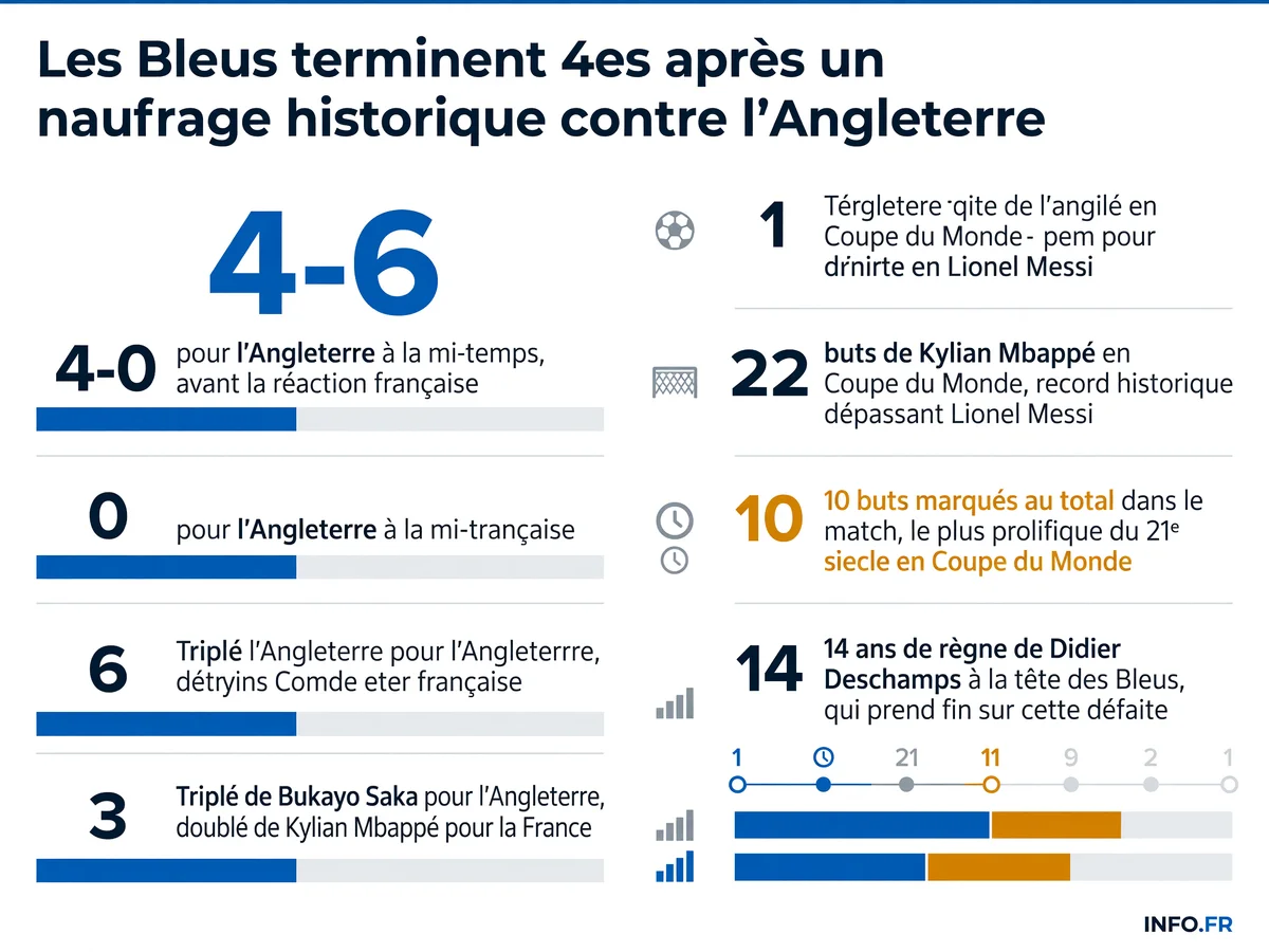 Statistiques clés du match France-Angleterre pour la 3e place de la Coupe du Monde 2026: score final 6-4, record de Mbappé à 22 buts, et bilan du règne de Deschamps.