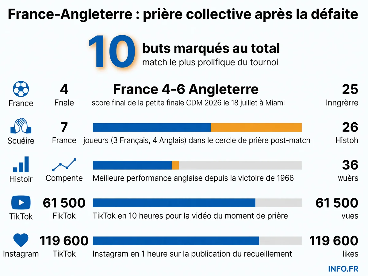 Infographie présentant les statistiques clés de la petite finale France-Angleterre et du moment de prière collective des joueurs à Miami le 18 juillet 2026.