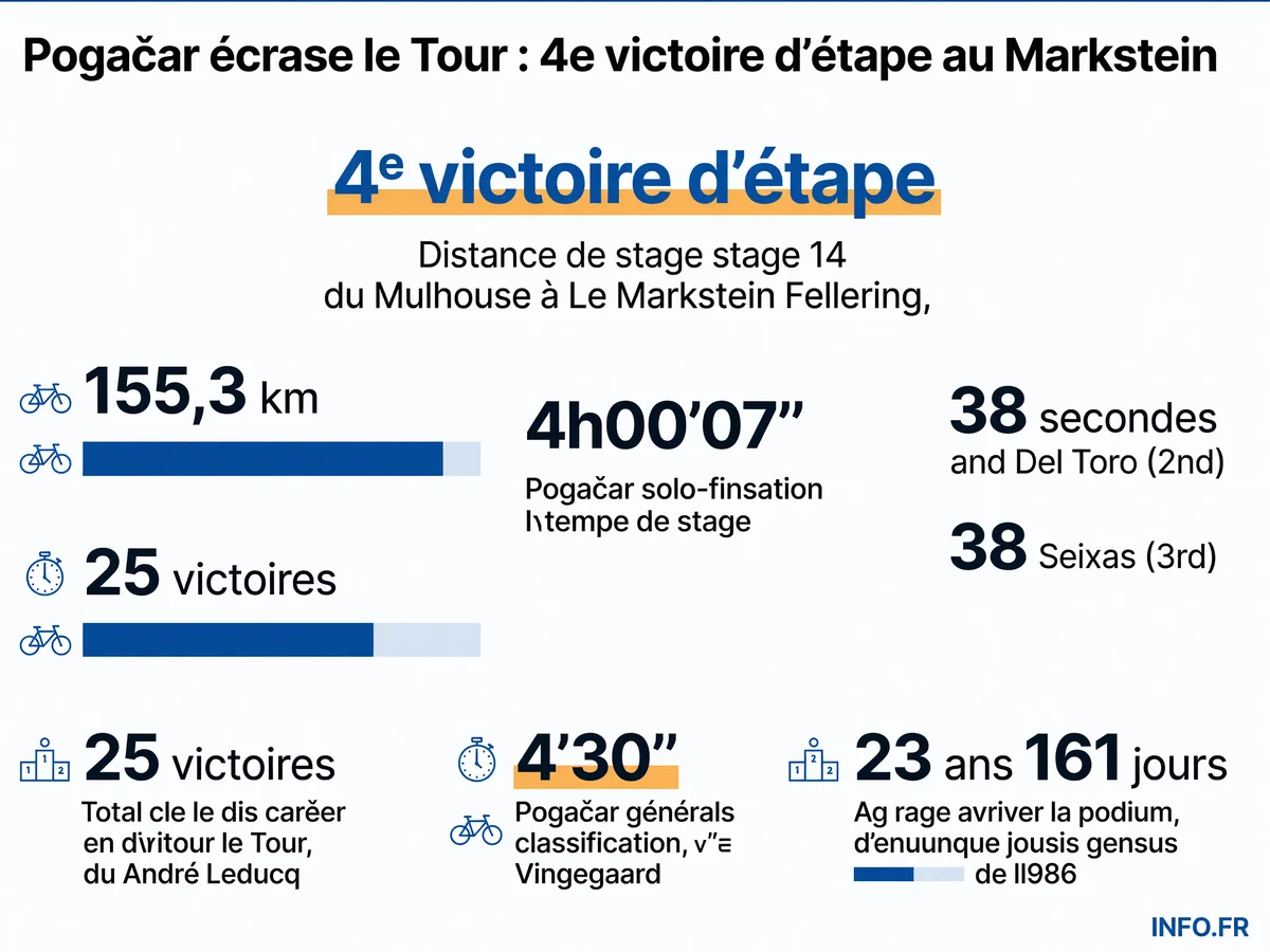 Infographie présentant les statistiques de la victoire de Tadej Pogačar lors de la 14e étape du Tour de France 2026 au Markstein Fellering: distance parcourue, temps réalisé, écarts sur ses poursuivants et records égalés.