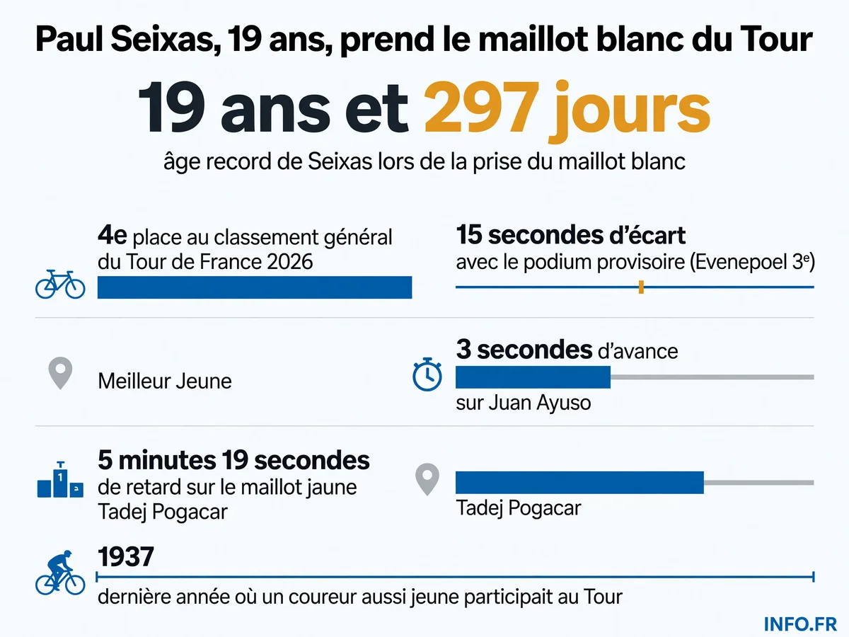 Paul Seixas devient le plus jeune porteur du maillot blanc de l'histoire du Tour de France à 19 ans et 297 jours, grimpe au 4e rang général et vise le podium à Paris.