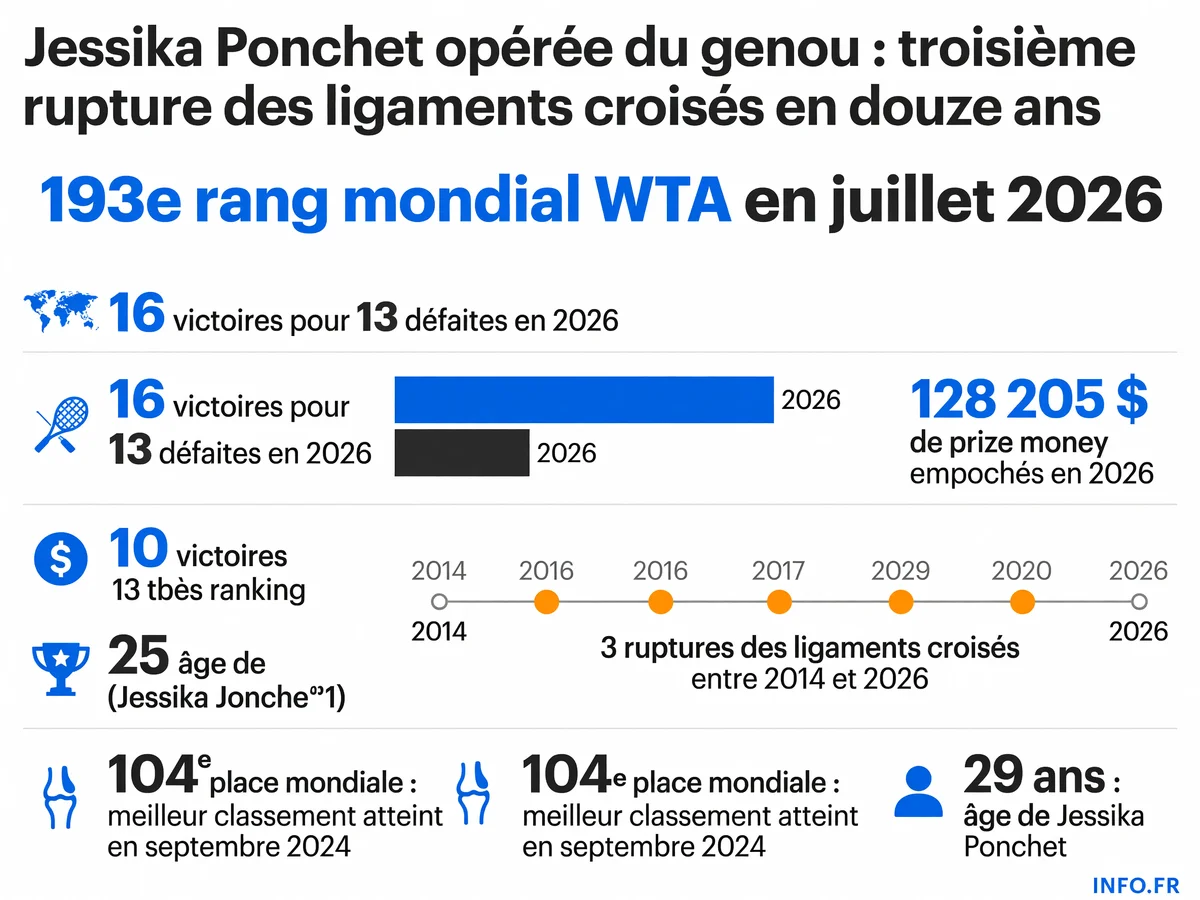 Statistiques et parcours de Jessika Ponchet, joueuse de tennis française ayant subi trois ruptures des ligaments croisés entre 2014 et 2026