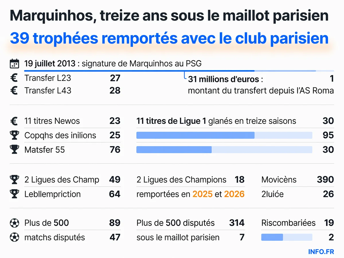Chronologie de la carrière de Marquinhos au Paris Saint-Germain depuis son arrivée en juillet 2013, avec son palmarès de 39 trophées et son statut de capitaine depuis 2020.