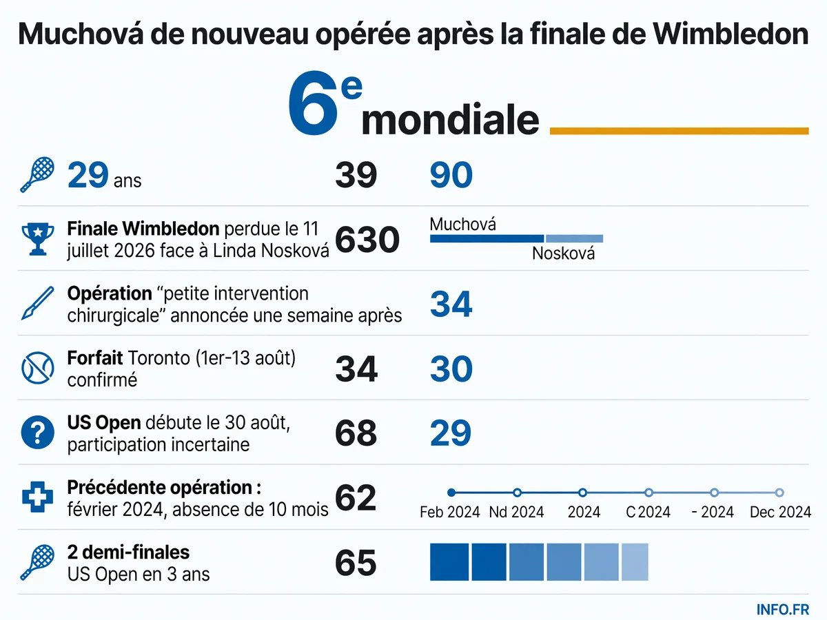 Chronologie de la blessure de Karolina Muchová après la finale de Wimbledon 2026: opération, forfaits et calendrier jusqu'à l'US Open