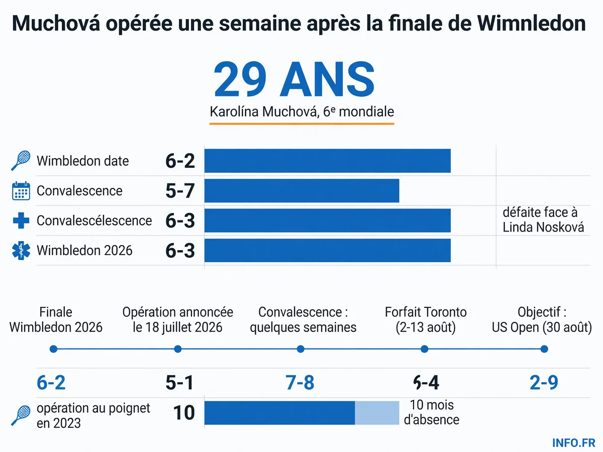 Chronologie de l'opération de Karolína Muchová après la finale de Wimbledon 2026 et impact sur son calendrier.