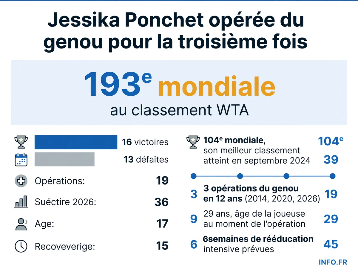 Parcours médical et sportif de Jessika Ponchet: trois opérations du genou en douze ans, classement actuel et statistiques 2026.