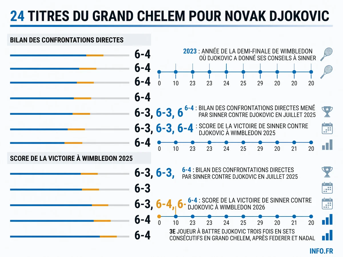 Chronologie des confrontations entre Novak Djokovic et Jannik Sinner à Wimbledon entre 2023 et 2026, avec les scores détaillés et le bilan des face-à-face.
