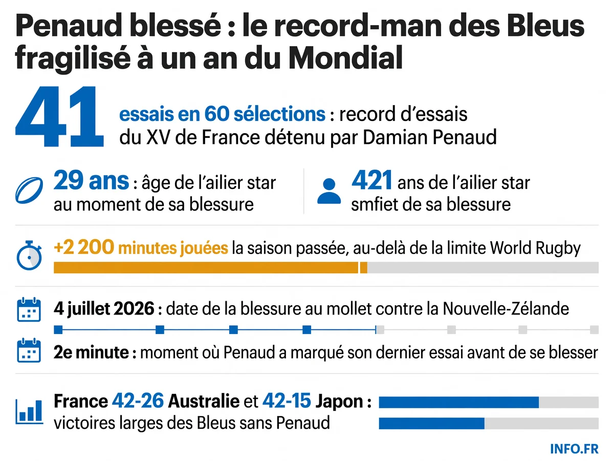Statistiques et chronologie de la blessure de Damian Penaud, meilleur marqueur d'essais de l'histoire du XV de France, forfait après sa sortie contre la Nouvelle-Zélande le 4 juillet 2026.