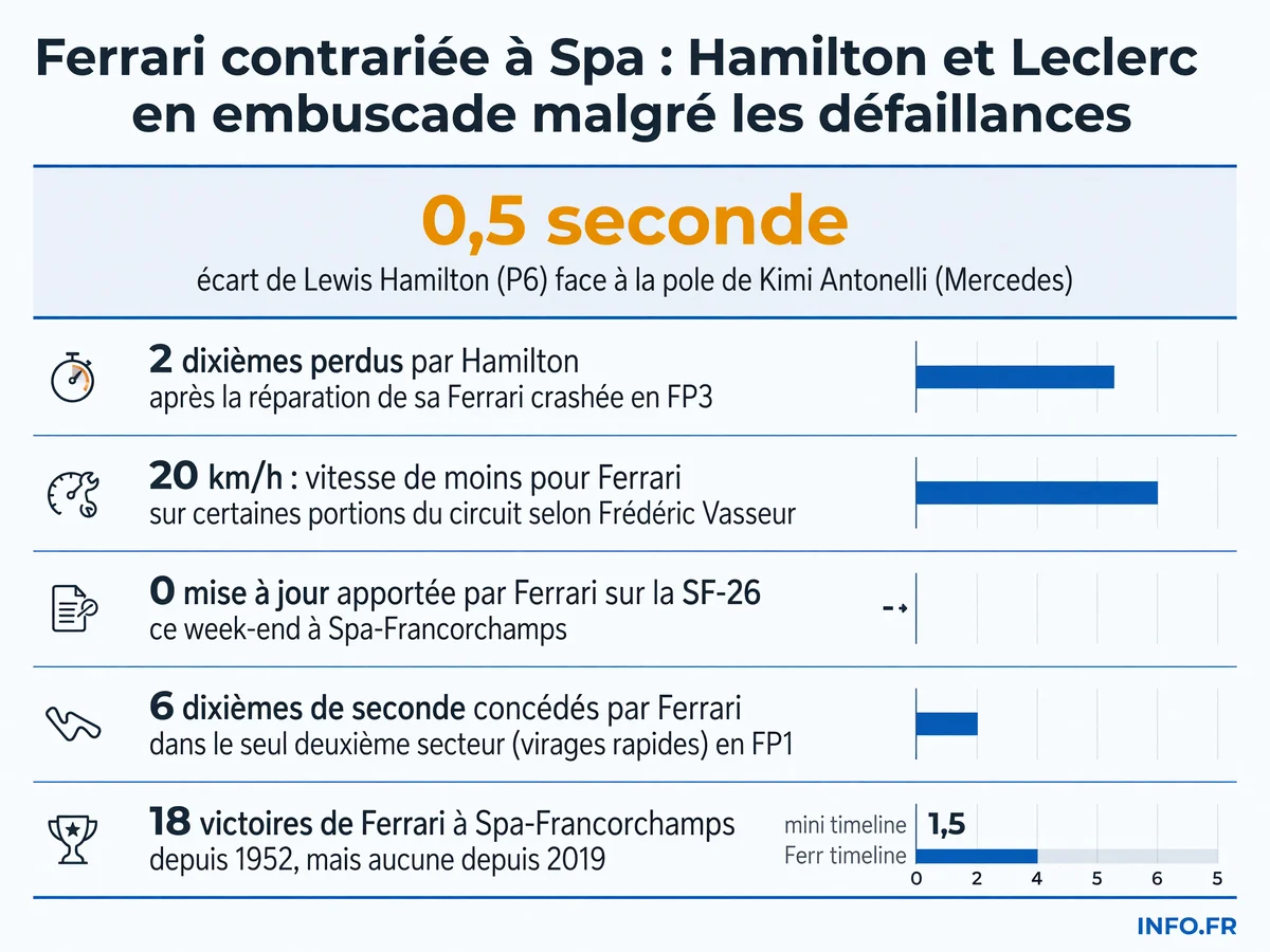 Performances contrastées de Ferrari au GP de Belgique 2026: handicap de vitesse, incidents pré-qualifications et écart avec Mercedes