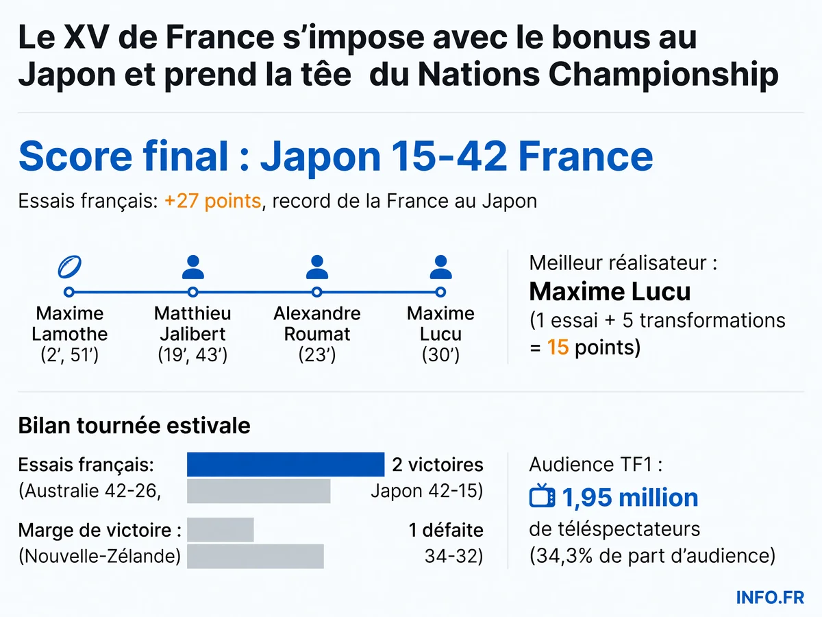 Infographie présentant le score final de la victoire du XV de France 42-15 face au Japon à Tokyo le 18 juillet 2026, avec les statistiques clés du match: six essais français, 15 points de Maxime Lucu, marge record de +27 et classement en tête du Championnat des Nations.