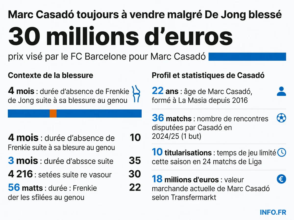 Infographie sur le mercato de Marc Casadó au FC Barcelone: prix fixé à 30M€, statistiques de temps de jeu et impact de la blessure de De Jong