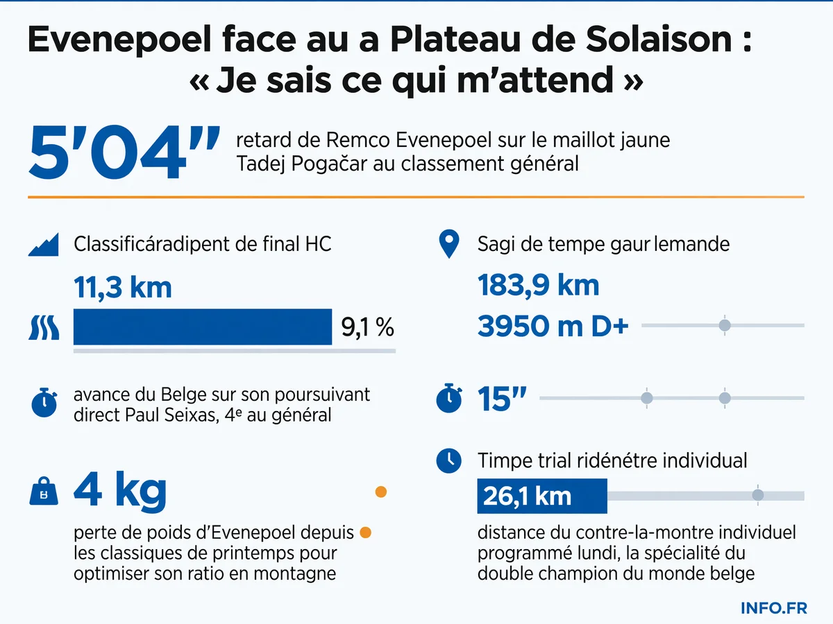 Profil et données clés de la 15e étape du Tour de France 2026 avec l'ascension finale du Plateau de Solaison (11,3 km à 9,1%) et la position de Remco Evenepoel au classement général