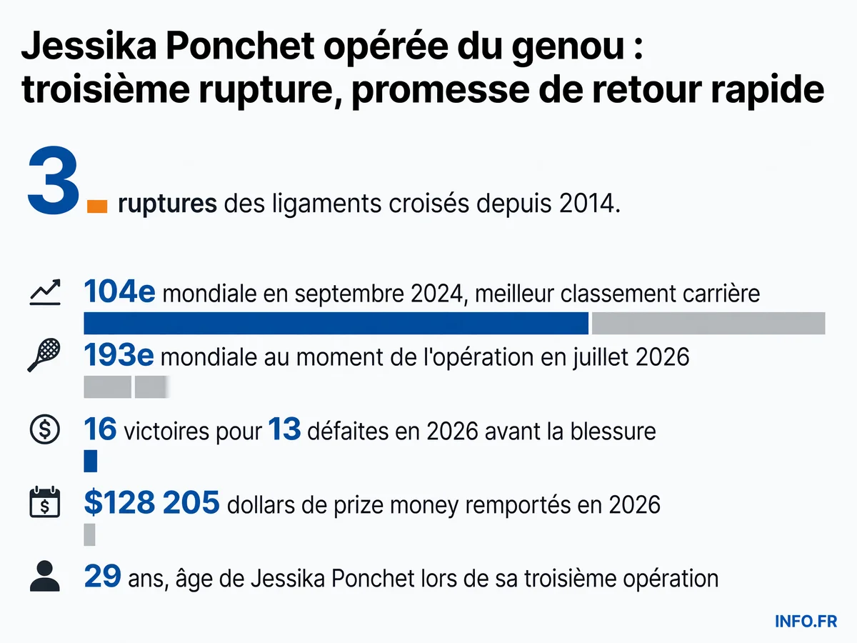 Chronologie des blessures de Jessika Ponchet: trois ruptures des ligaments croisés en 12 ans et évolution de son classement WTA