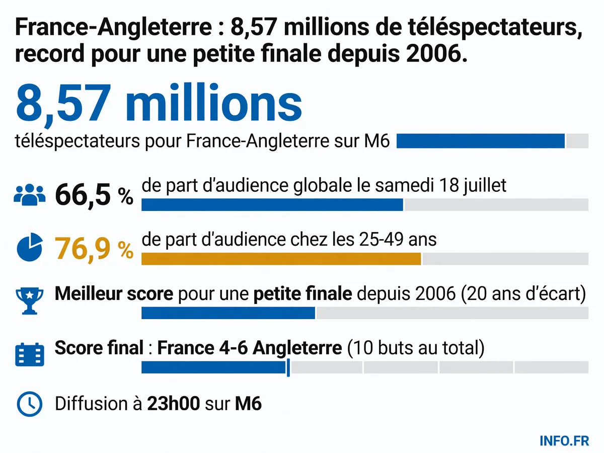 Les chiffres clés de l'audience record de la petite finale France-Angleterre sur M6: 8,57 millions de téléspectateurs, 66,5 % de part d'audience, meilleur score depuis 2006.