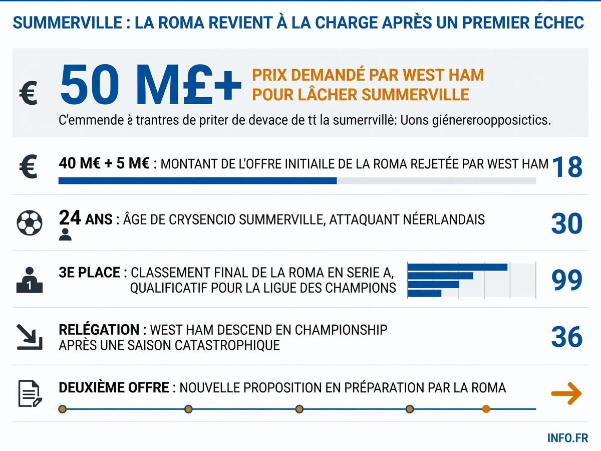 Les chiffres clés du dossier Summerville entre la Roma et West Ham: offres, demandes et contexte de relégation.