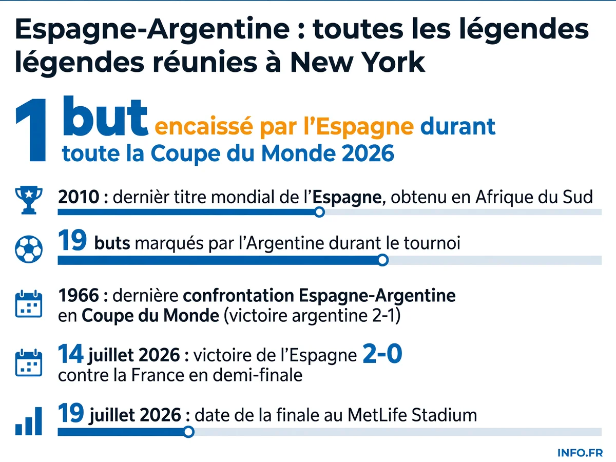Infographie récapitulant les statistiques clés de la finale Espagne-Argentine de la Coupe du Monde 2026: parcours des deux équipes, légendes présentes et contexte historique.