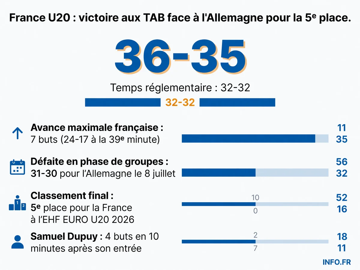 Infographie du match France-Allemagne U20 pour la 5e place de l'EHF EURO 2026: victoire française 36-35 aux tirs au but après une avance de 7 buts dilapidée