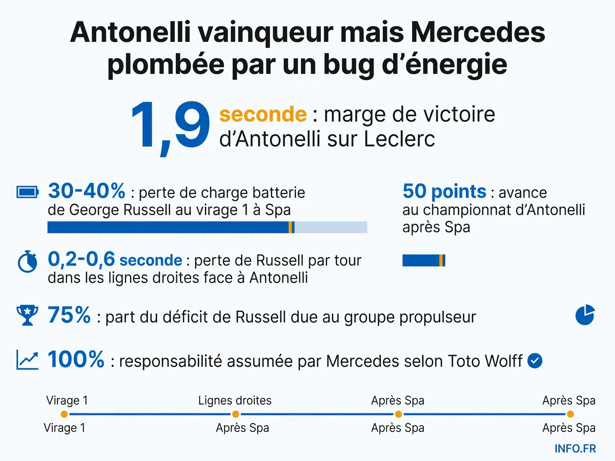 Infographie montrant l'impact du bug de déploiement d'énergie Mercedes au GP de Belgique 2026: perte de charge batterie, écarts de performance et conséquences au championnat