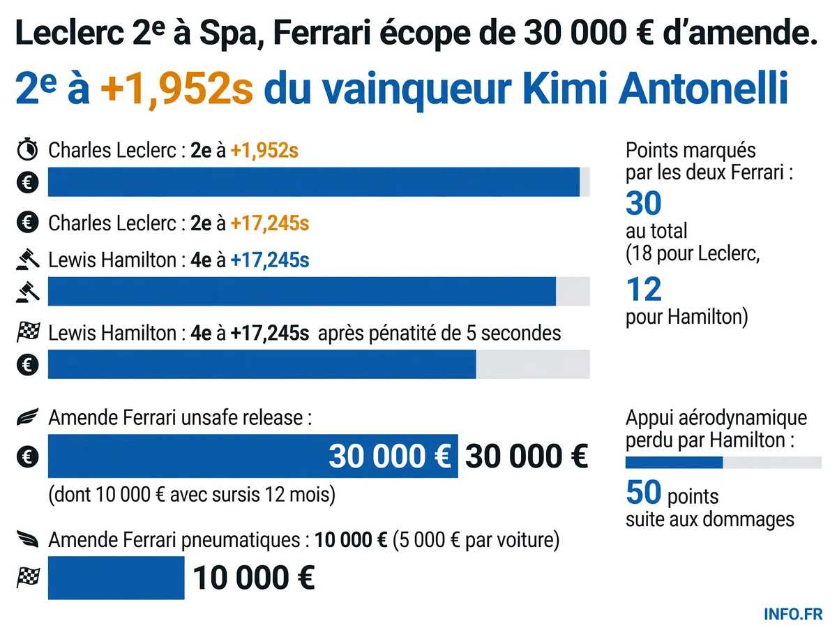 Résultats du GP de Belgique 2026 pour Ferrari: Leclerc 2e et Hamilton 4e avec 40 000 € d'amendes cumulées pour l'écurie