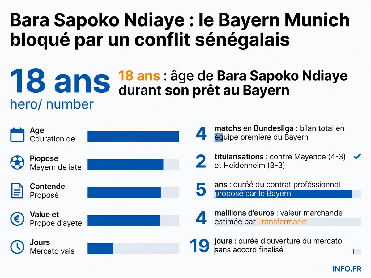 Parcours express de Bara Sapoko Ndiaye au Bayern Munich: de son prêt en janvier 2026 à son titre de champion d'Allemagne en avril, avec les chiffres clés de ses performances et du blocage administratif actuel.