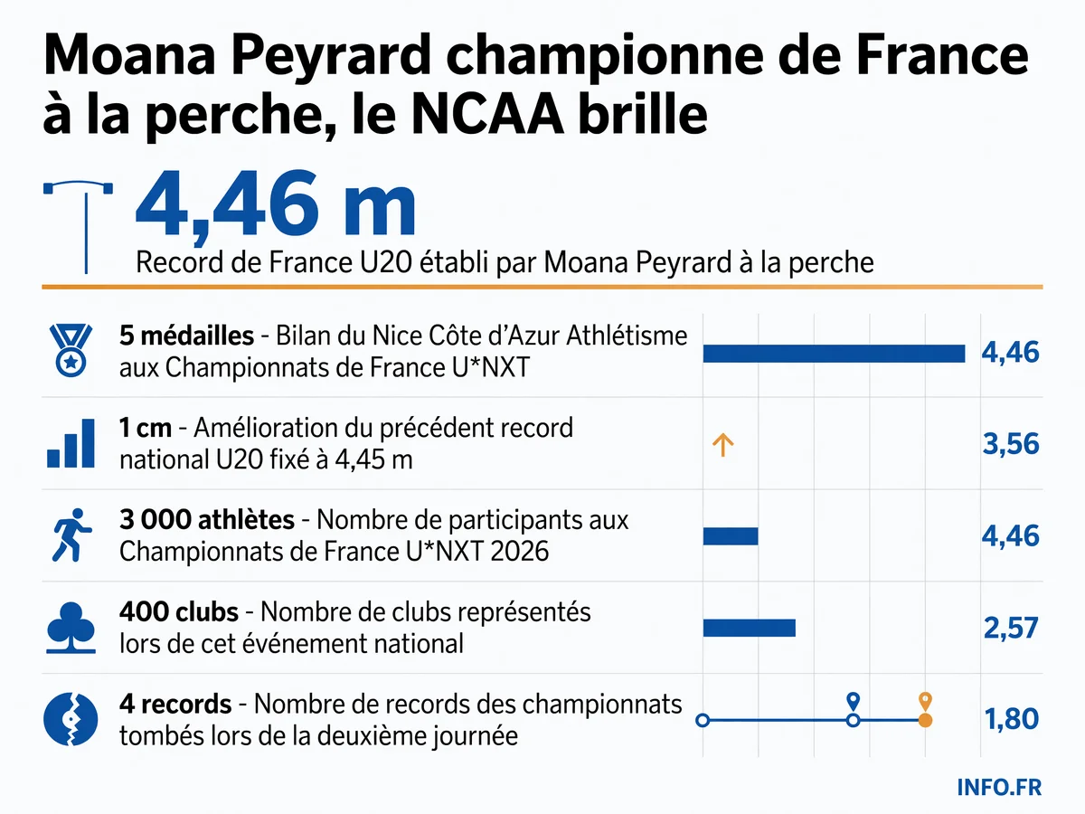 Moana Peyrard établit un record de France U20 à 4,46 m à la perche lors des Championnats de France U*NXT 2026 à Paris, permettant au Nice Côte d'Azur Athlétisme de remporter cinq médailles.