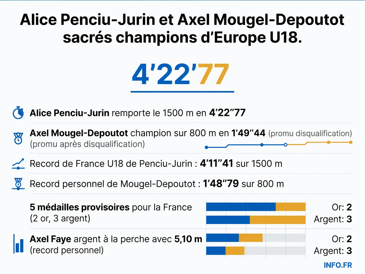 Infographie présentant les performances d'Alice Penciu-Jurin et Axel Mougel-Depoutot aux Championnats d'Europe U18 de Rieti avec leurs temps et le bilan provisoire de la délégation française.