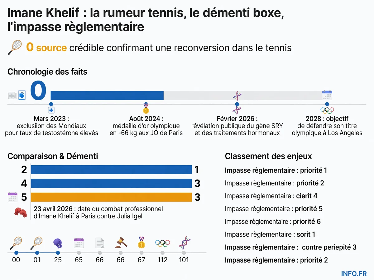 Chronologie des polémiques et des étapes de carrière d'Imane Khelif, de l'exclusion des Mondiaux 2023 à son combat professionnel programmé en avril 2026 à Paris.