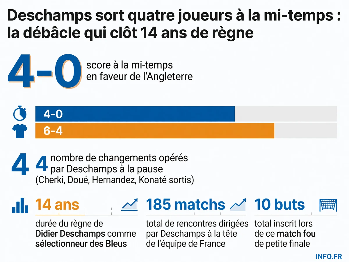 Infographie présentant les statistiques clés de la défaite de la France face à l'Angleterre en petite finale du Mondial 2026: score à la mi-temps 0-4, score final 6-4, quatre changements tactiques à la pause, et bilan du règne Deschamps sur 14 ans et 185 matchs.