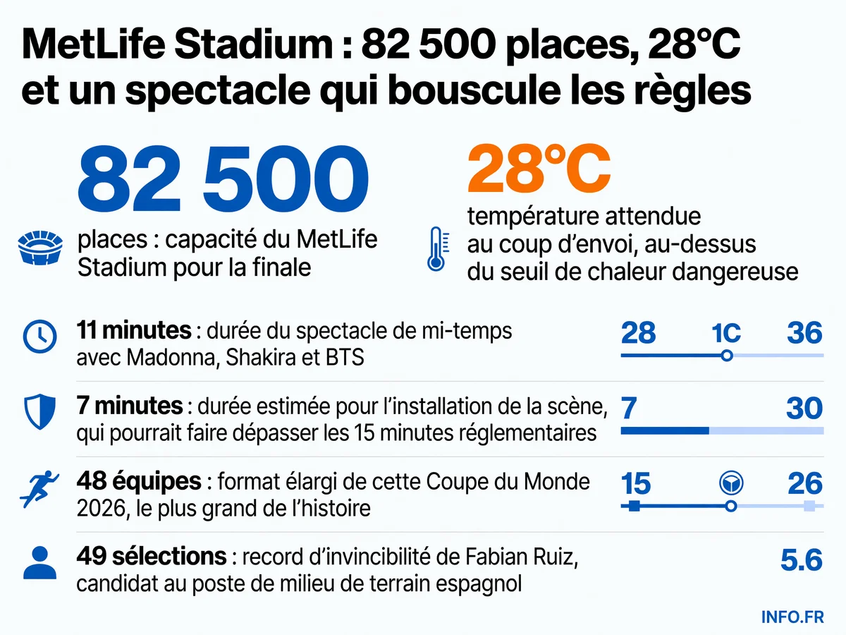 Données clés de la finale de la Coupe du Monde 2026 au MetLife Stadium: capacité du stade, température, durée du spectacle de mi-temps et statistiques des équipes