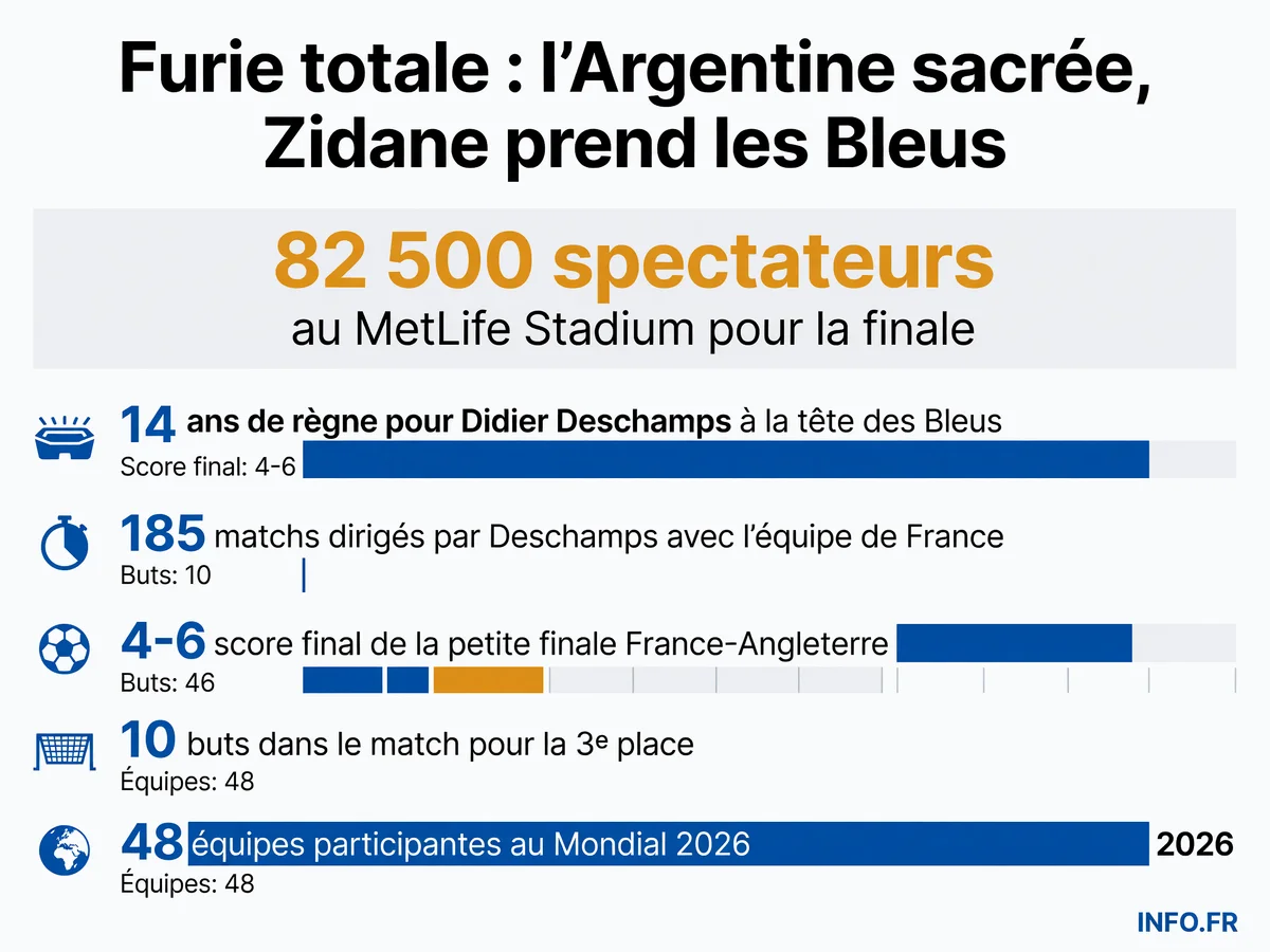 Infographie présentant les chiffres clés de la finale de la Coupe du Monde 2026 et de la transition Deschamps-Zidane chez les Bleus.