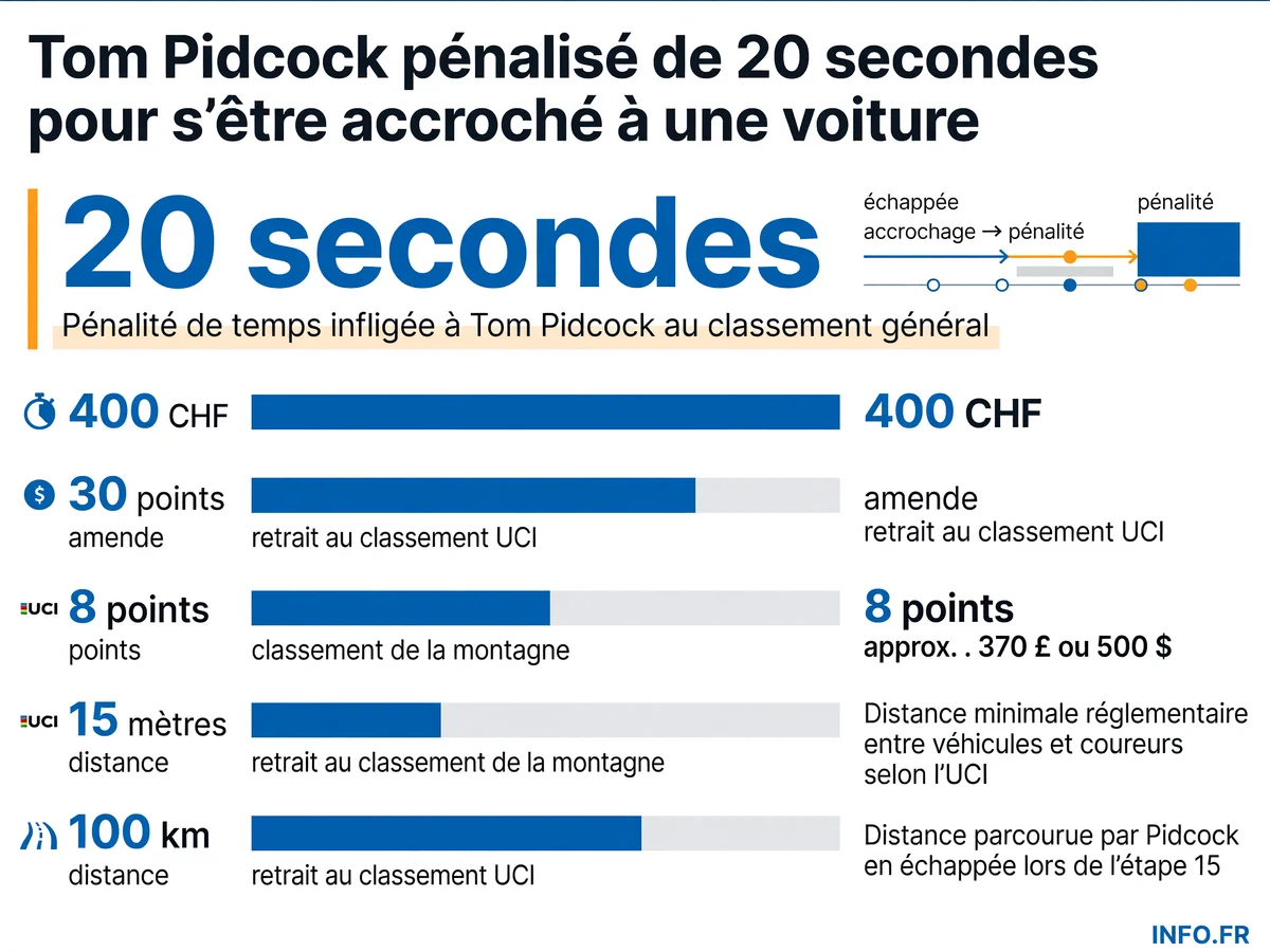 Détail des sanctions infligées à Tom Pidcock lors de l'étape 15 du Tour de France 2026 pour double rétropoussée sur voiture.