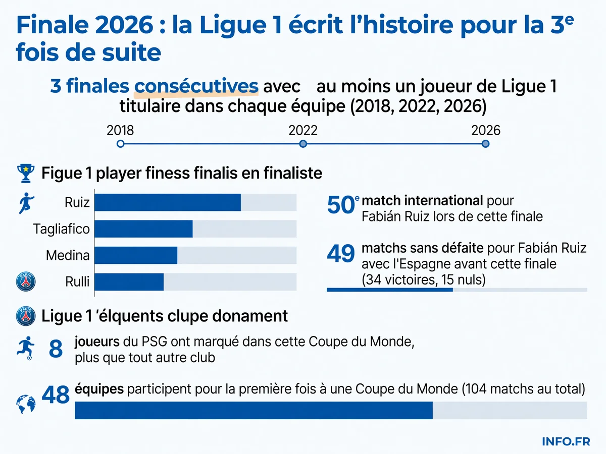 La série historique de la Ligue 1 en finales de Coupe du Monde depuis 2018, avec les joueurs titulaires dans chaque camp et les effectifs représentés.