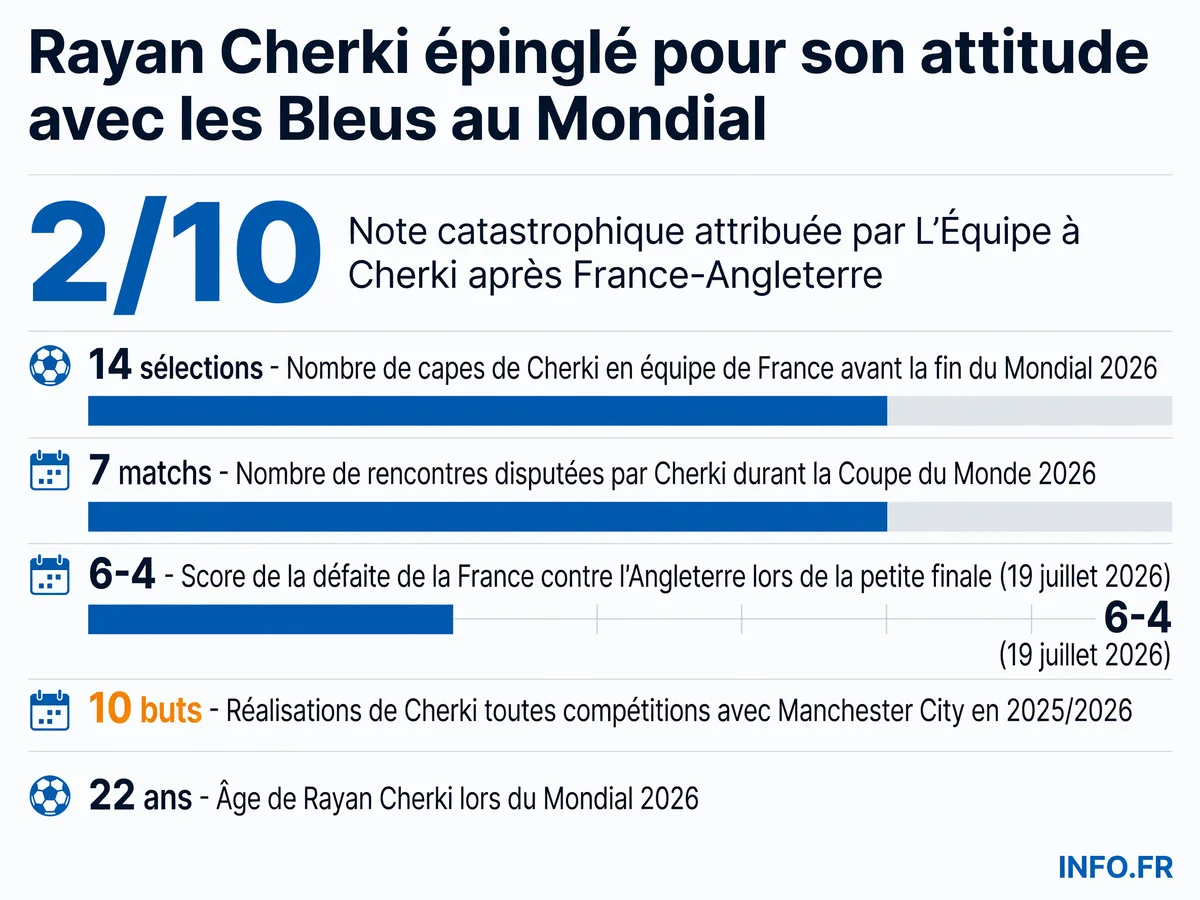 Infographie présentant les statistiques clés de Rayan Cherki lors de la Coupe du Monde 2026: note de presse, sélections, matchs disputés et score de la petite finale contre l'Angleterre