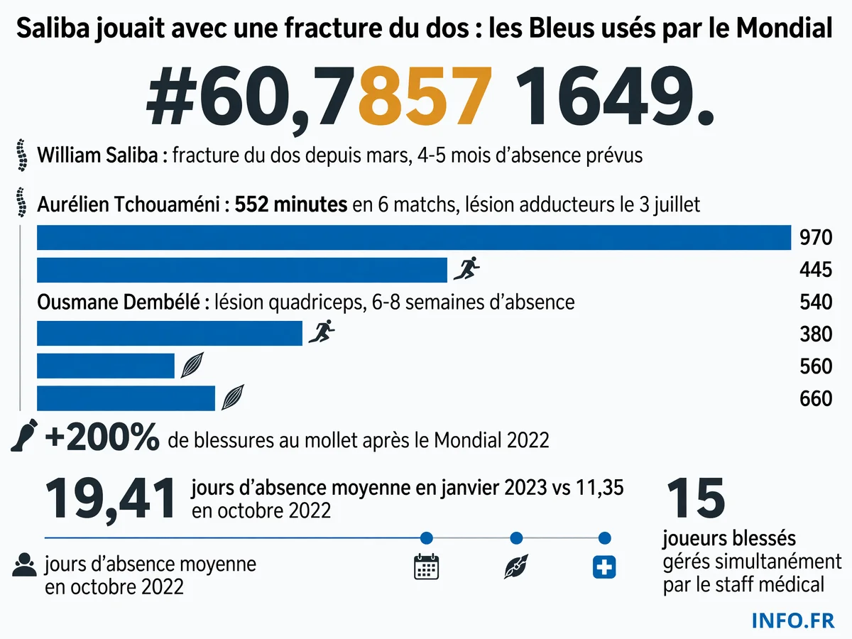 Bilan des blessures de l'équipe de France lors de la Coupe du Monde 2026: Saliba (fracture dos, 4-5 mois), Tchouaméni (adducteurs), Dembélé (quadriceps, 6-8 semaines), et comparaison avec l'augmentation des blessures post-Mondial 2022.