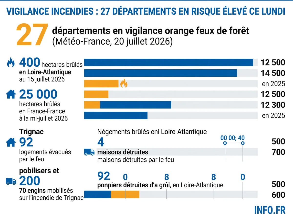 Carte de France montrant les 27 départements en vigilance orange feux de forêt le 20 juillet 2026, avec focus sur la Loire-Atlantique et les zones les plus touchées.